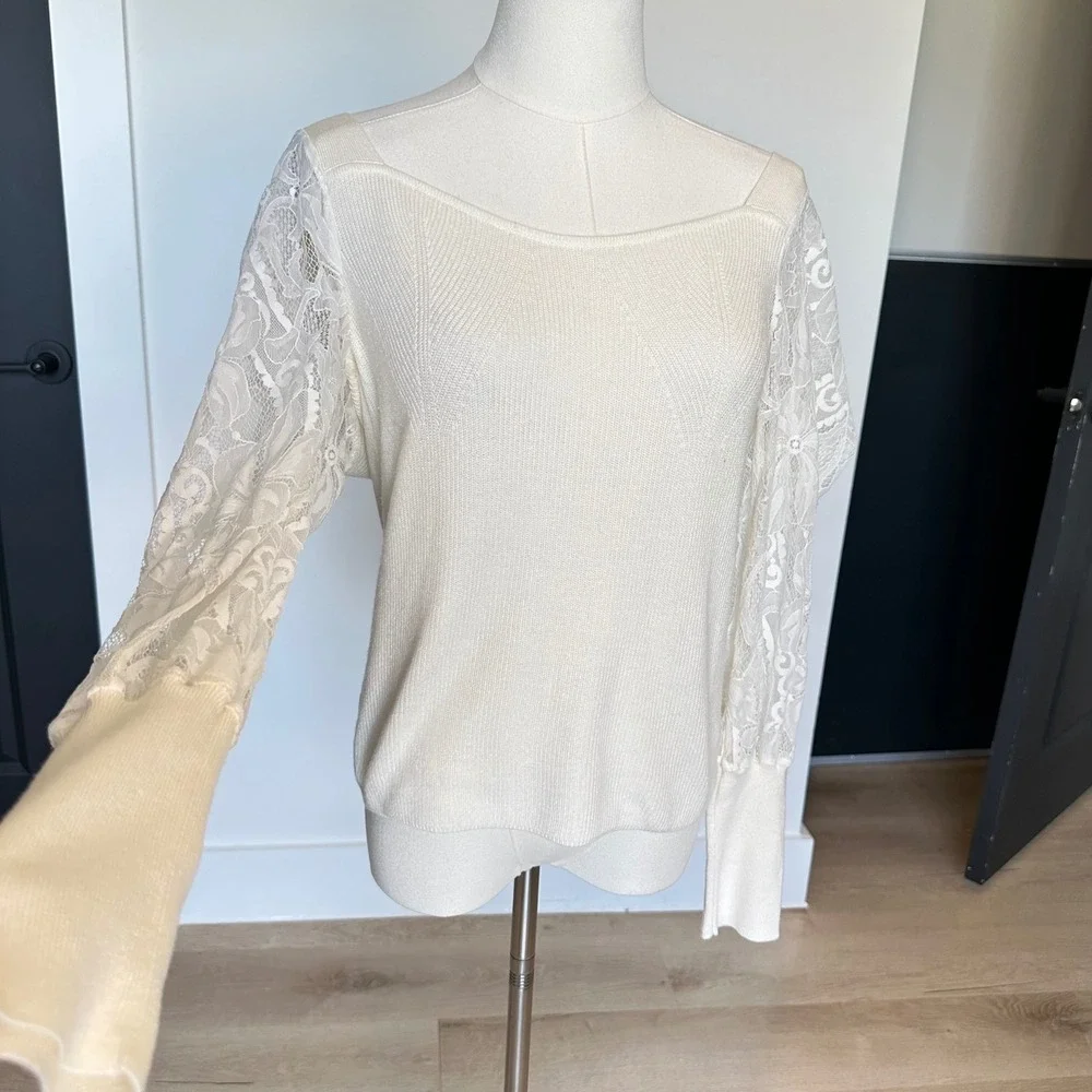 Anthropologie Sweater Sweetheart Lace Sleeve Romantic Coquette Ivory M